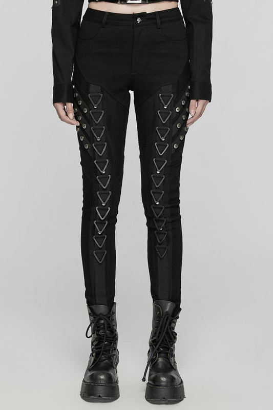 Black Triangular Stitching Mesh Buckle Women's Punk Pants