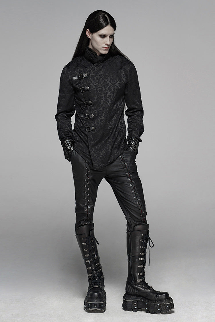 Black Stand Collar Long Sleeves Print Buckle Men's Punk Blouse