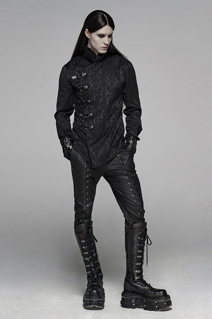 Black Stand Collar Long Sleeves Print Buckle Men's Punk Blouse