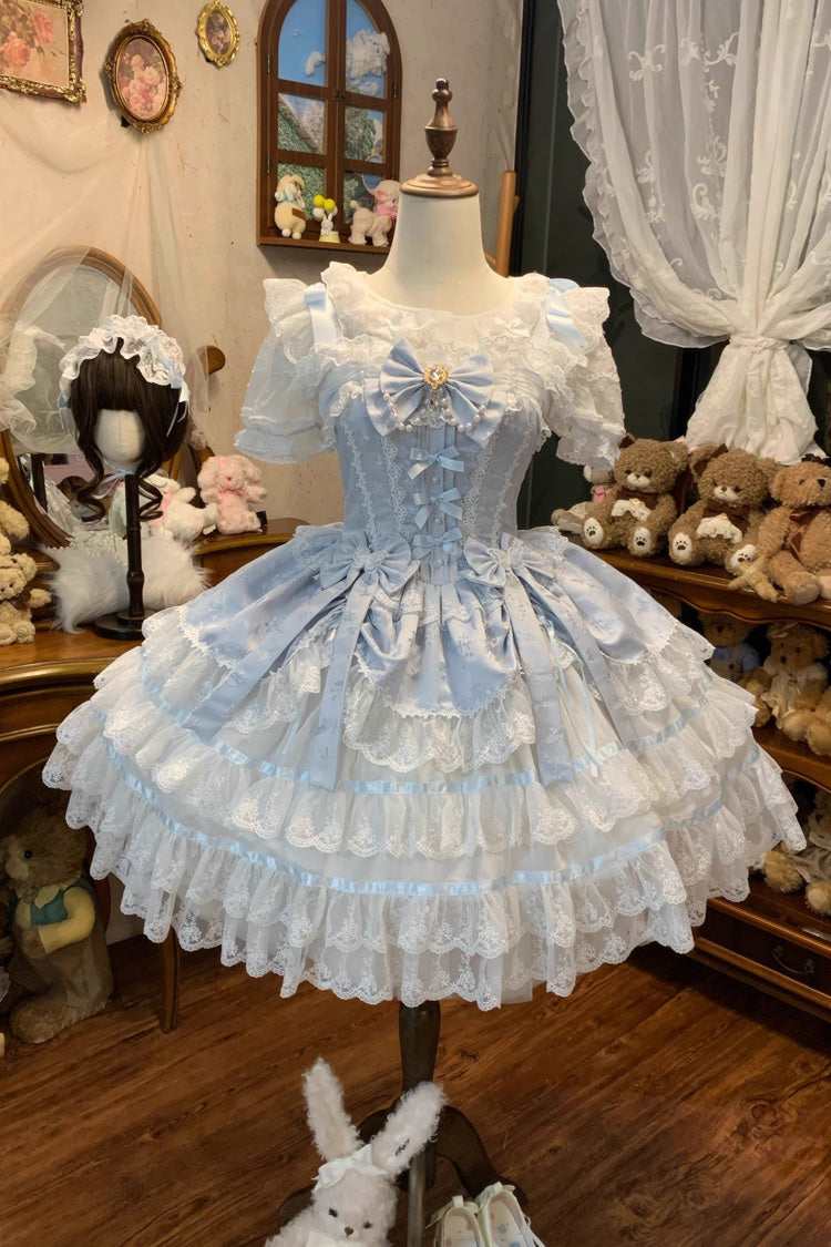 Blue [Snow Kissed Romance] Sleeveless High Waisted Multi-Layered Bowknot Lace Pearl Sweet Ballet Lolita Jsk Dress