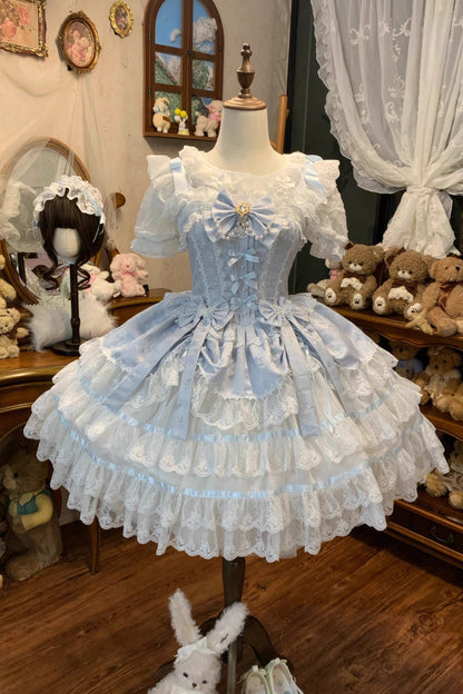 Blue [Snow Kissed Romance] Sleeveless High Waisted Multi-Layered Bowknot Lace Pearl Sweet Ballet Lolita Jsk Dress