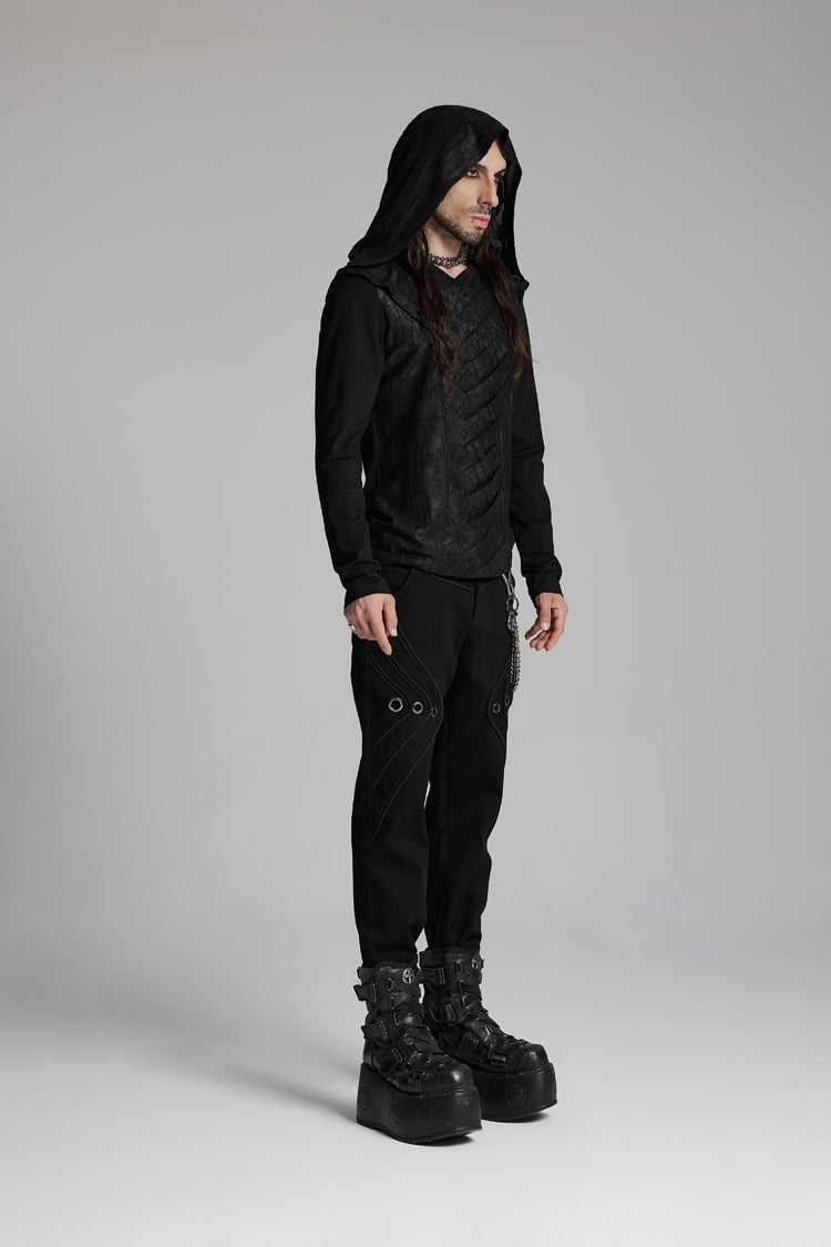 Black V Collar Long Sleeves Hooded Overlaping Mesh Men's Punk T-Shirt