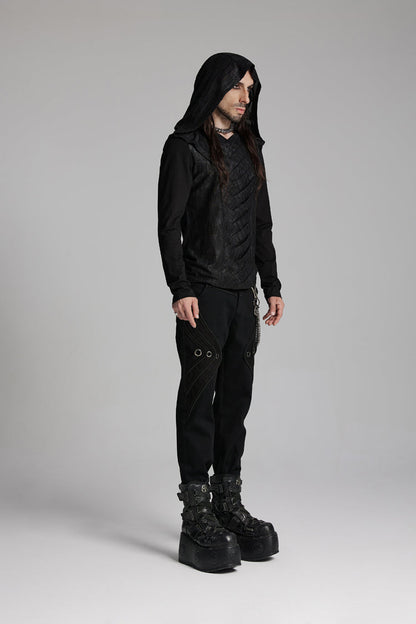 Black V Collar Long Sleeves Hooded Overlaping Mesh Men's Punk T-Shirt