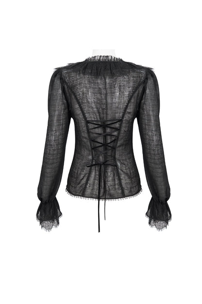 Black Thin Waist Plaid Stitching Layered Lace Long Sleeves Women's Gothic Shirt