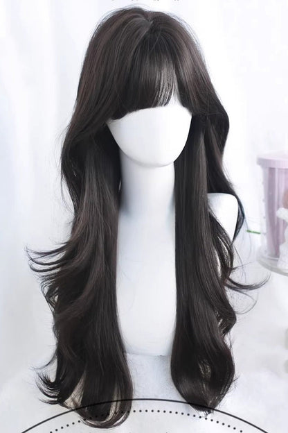 Black Tea Brown Curtain Bangs Long Loose Wavy Sweet Lolita Wig