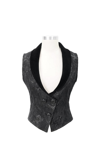 Black Velvet 3D Jacquard Low Collar Women's Gothic Waistcoat