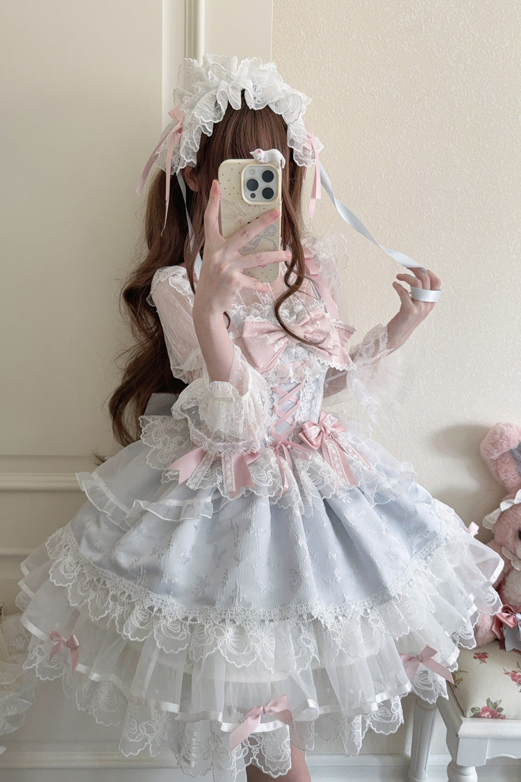 Blue [Fleishi Island] Sleeveless Ruffle Bowknot Lace Slim Sweet Ballet Lolita Jsk Dress