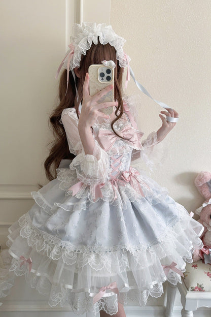 Blue [Fleishi Island] Sleeveless Ruffle Bowknot Lace Slim Sweet Ballet Lolita Jsk Dress