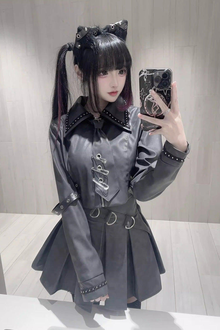 Black [Eternal Night of Bones] Lapel Collar Long Sleeves Studded Eyelet Gothic Jirai Kei Japanese Handsome Top and Skirt Set