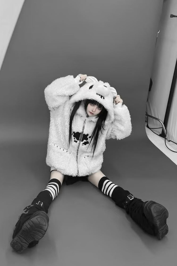 White Long Sleeves Bear Ears Hooded Zippered Gothic Jirai Kei Lolita Coat