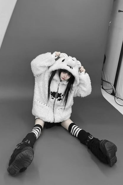 White Long Sleeves Bear Ears Hooded Zippered Gothic Jirai Kei Lolita Coat
