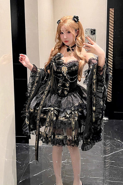 Black [Golden Obsidian Night] Sleeveless Double-Layered Ruffle Bowknot Pearl Gothic Princess Lolita Dress