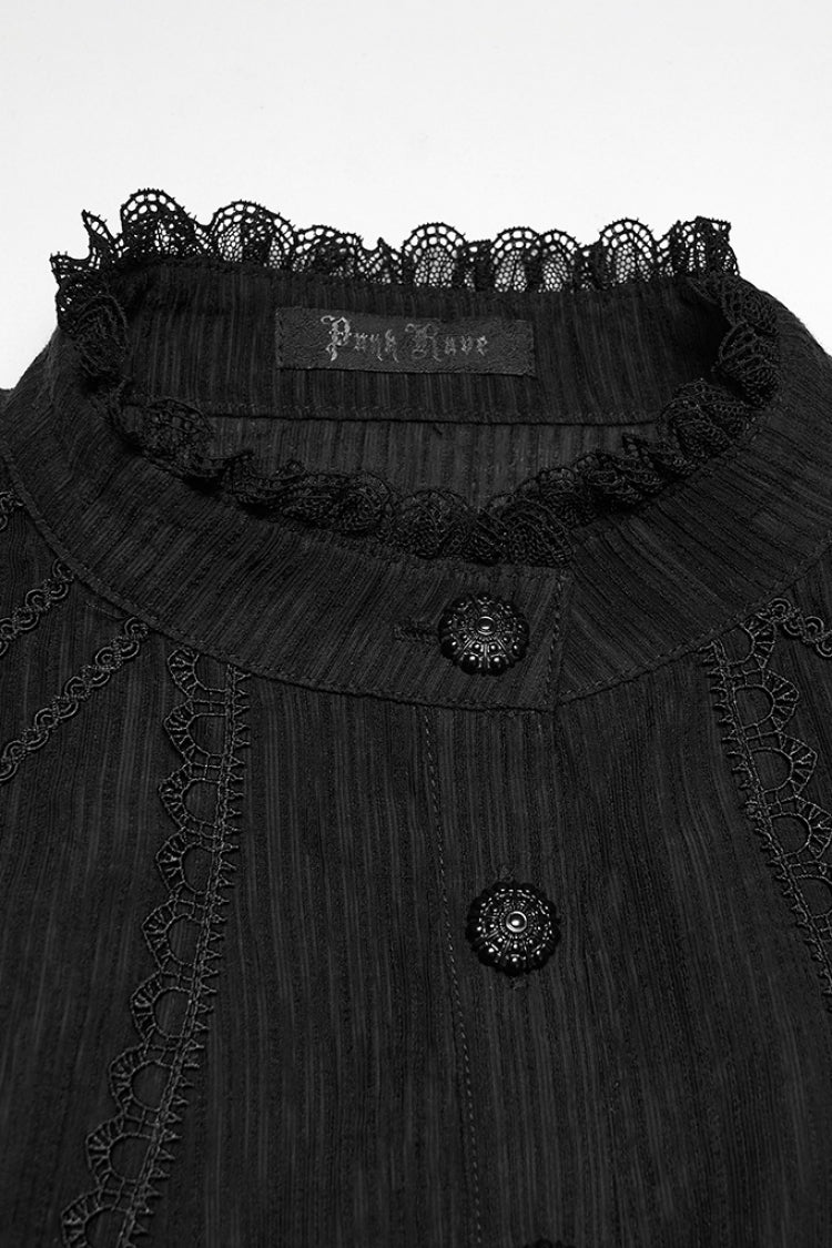 Black Stand Collar Short Puff Sleeves Ruffled Lace-Up Women's Gothic Blouse