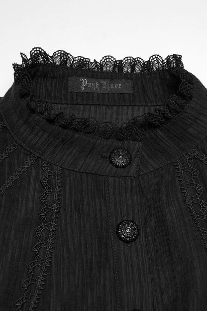 Black Stand Collar Short Puff Sleeves Ruffled Lace-Up Women's Gothic Blouse