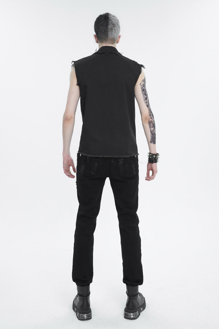 Black Sleeveless Buckle Splice Unedged Men's Punk Vest
