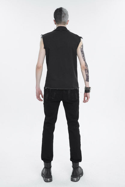 Black Sleeveless Buckle Splice Unedged Men's Punk Vest