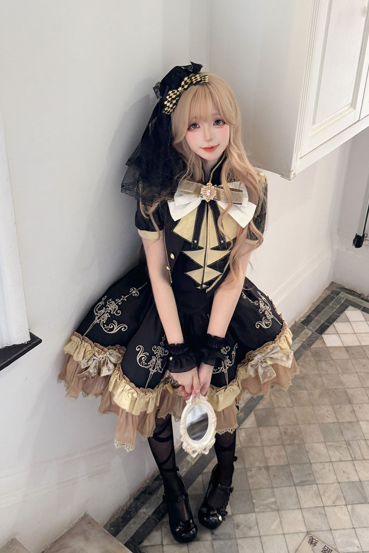 Black [Gilded Oath] Short Sleeves Double-Layered Ruffle Embroidery Bowknot Gothic Lolita Dress