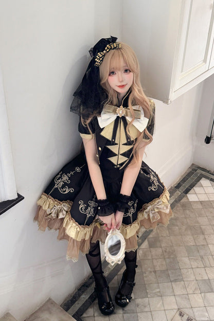 Black [Gilded Oath] Short Sleeves Double-Layered Ruffle Embroidery Bowknot Gothic Lolita Dress