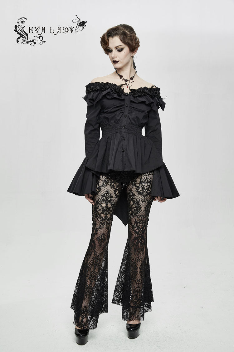 Black Rose Flowers Decoration One-Word Collar Long Sleeve Flare Cuff Women's Gothic Blouse