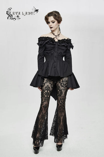 Black Rose Flowers Decoration One-Word Collar Long Sleeve Flare Cuff Women's Gothic Blouse