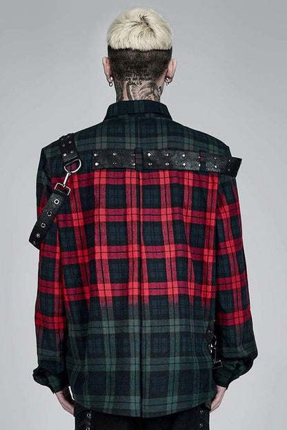 Red/Green Punk Plaid Simple Leather Loops Cotton asticity Men's Shirt