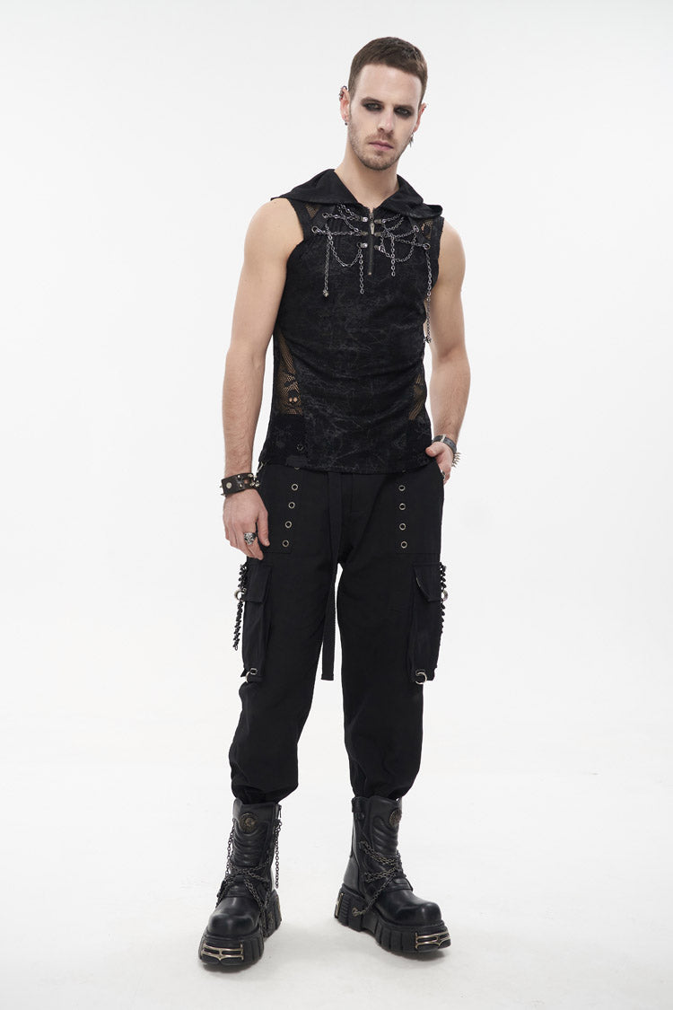 Black Skull Hollowed Out Print Stitched Sleeveless Chain Hoodie Men's Punk Shirt