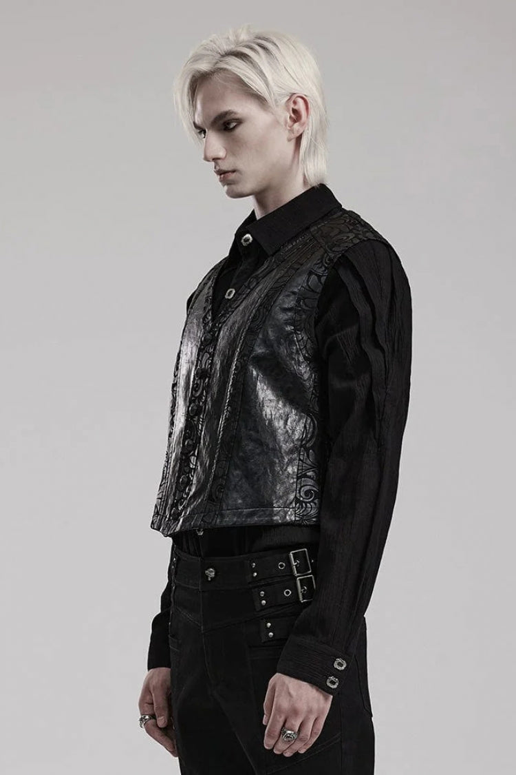 Black V Collar Sleeveless Exquisitely Carved Floral Print Faux Leather Mens Gothic Vest