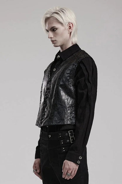 Black V Collar Sleeveless Exquisitely Carved Floral Print Faux Leather Mens Gothic Vest
