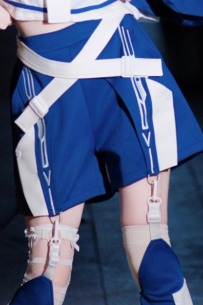 White/Blue [Zero-Type Transformation] Techwear Long Sleeves Embroidered Hooded Punk Jirai Kei Shorts Coat Set