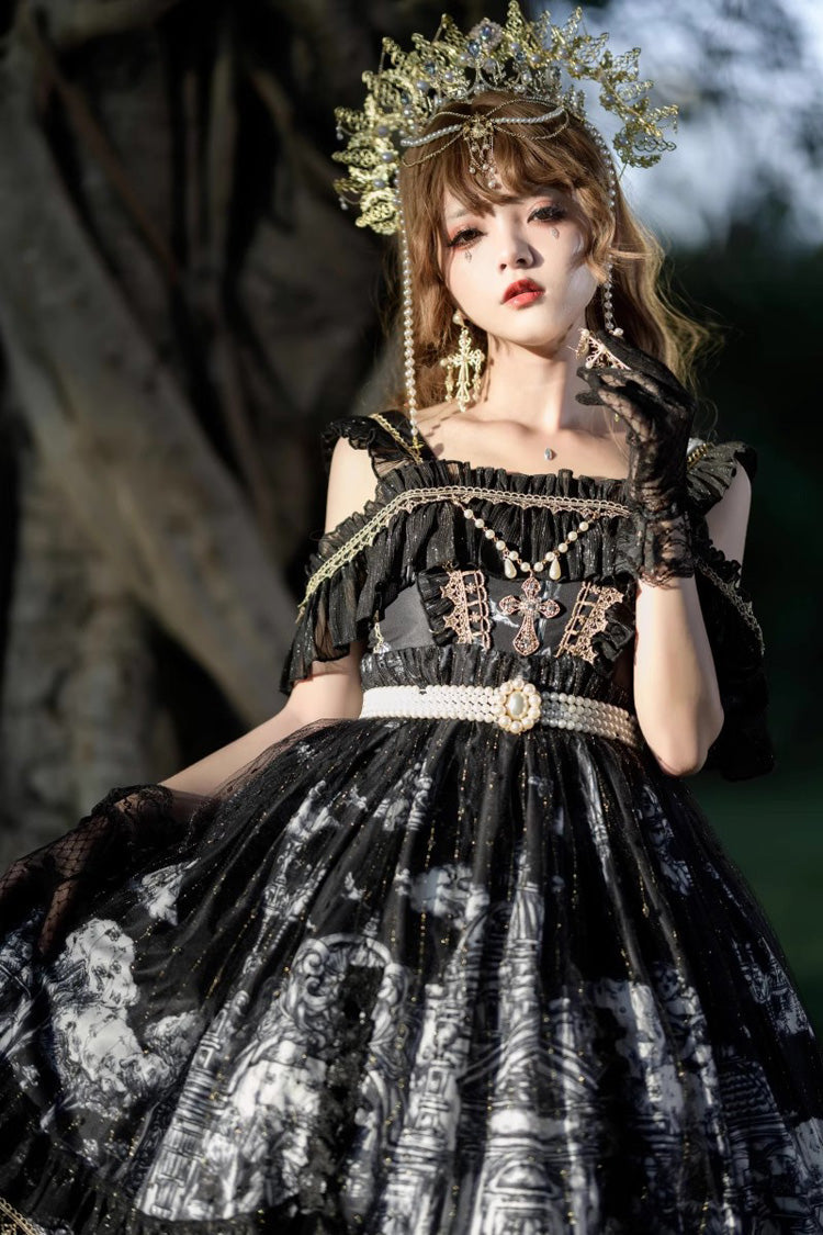 Black [Castle Feast] Print Ruffle Bowknot Gothic Princess Lolita Jsk Dress