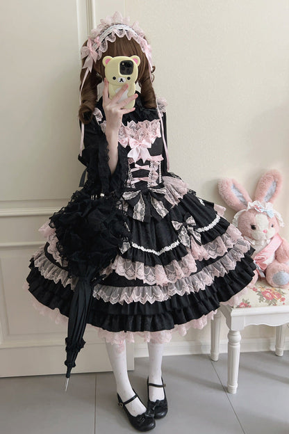 Black/Pink Multi-Layered Ruffle Bowknot Stitching Lace Sweet Lolita Jsk Dress