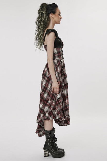 Black/Red Leather Shoulder Strap Plaid Print Ruffle Stitching Irregular Women's Steampunk Dress