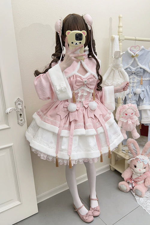 Pink [Snow Rabbit] Long Sleeves Ruffle Bowknot Fake Two Pieces Sweet Lolita Dress