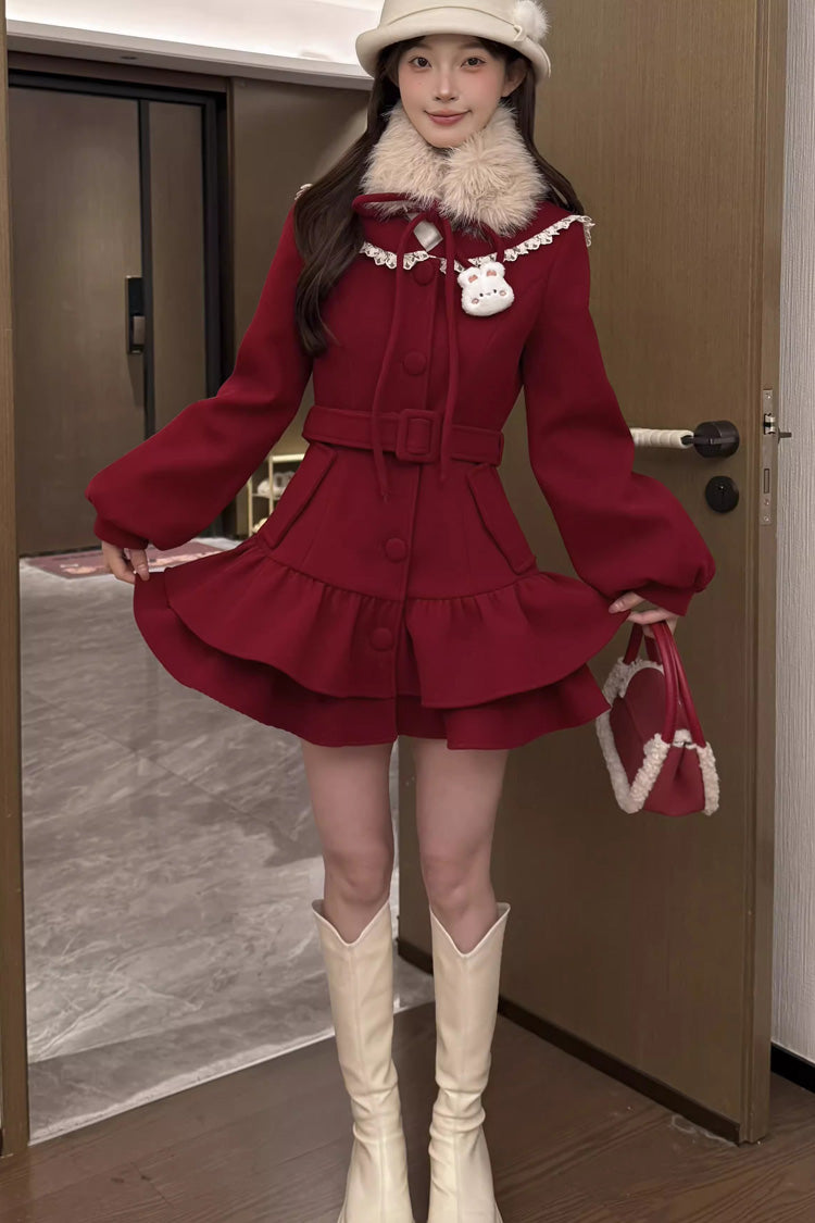 Red [Berry Champagne] Doll Collar Long Sleeves Double-Layered Ruffled Sweet Princess Lolita Wool-blend Coat