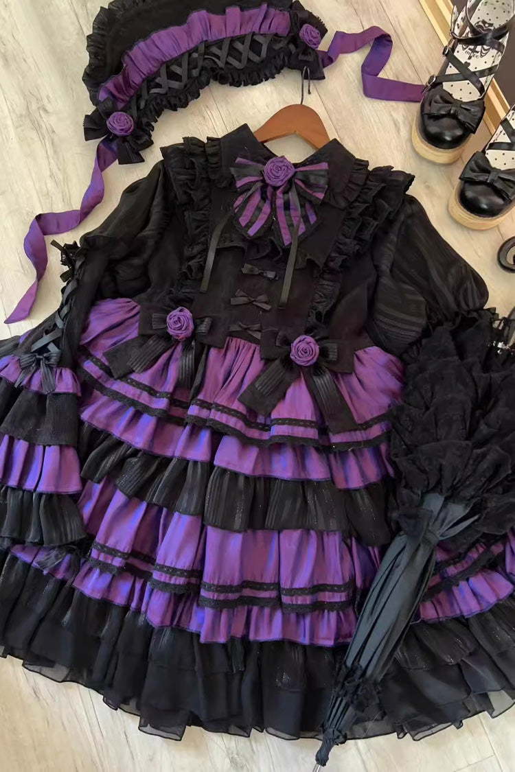 Black/Purple Long Trumpet Sleeves Multi-Layered Ruffle Bowknot Lace-Up Gothic Lolita Dress