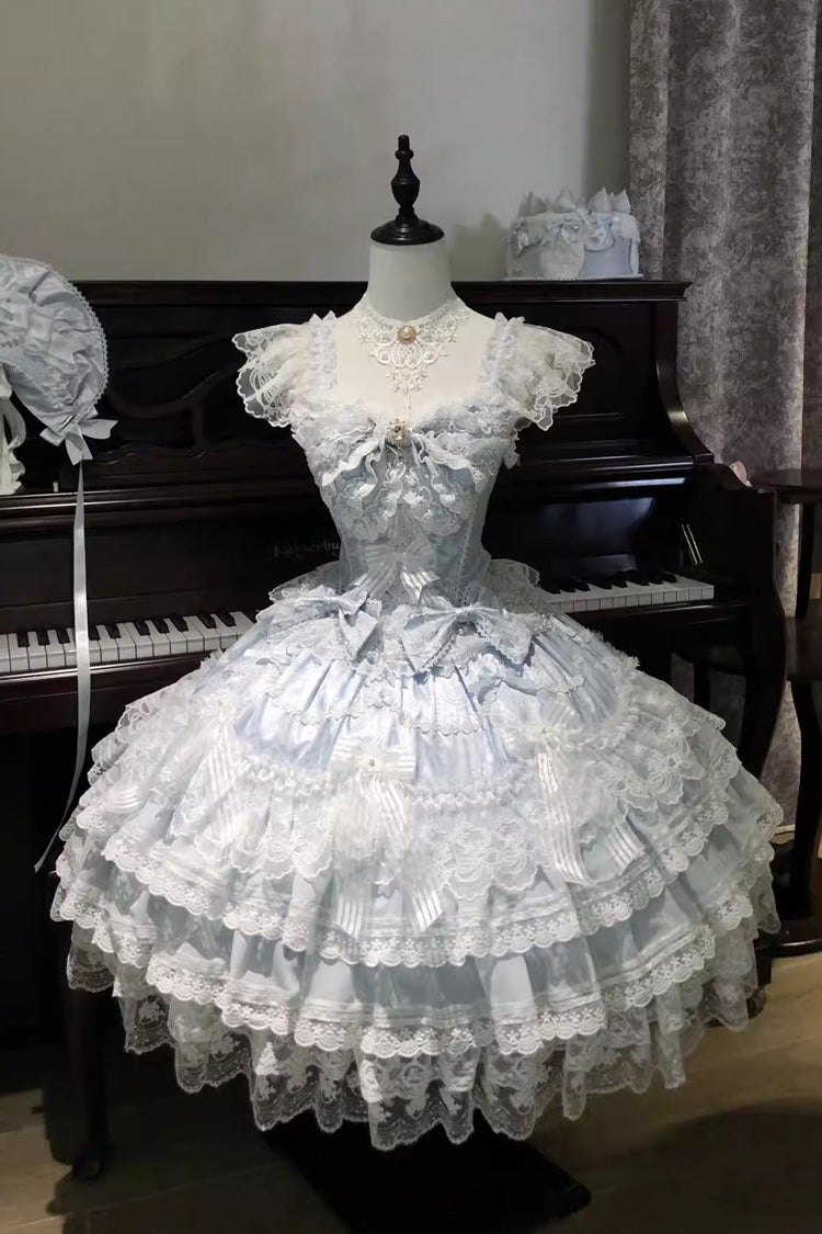 Blue [Moonlit Sakura Ode] Sleeveless Multi-Layered Ruffled Bow Lace Sweet Lolita Dress
