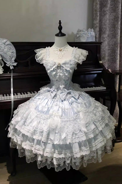 Blue [Moonlit Sakura Ode] Sleeveless Multi-Layered Ruffled Bow Lace Sweet Lolita Dress
