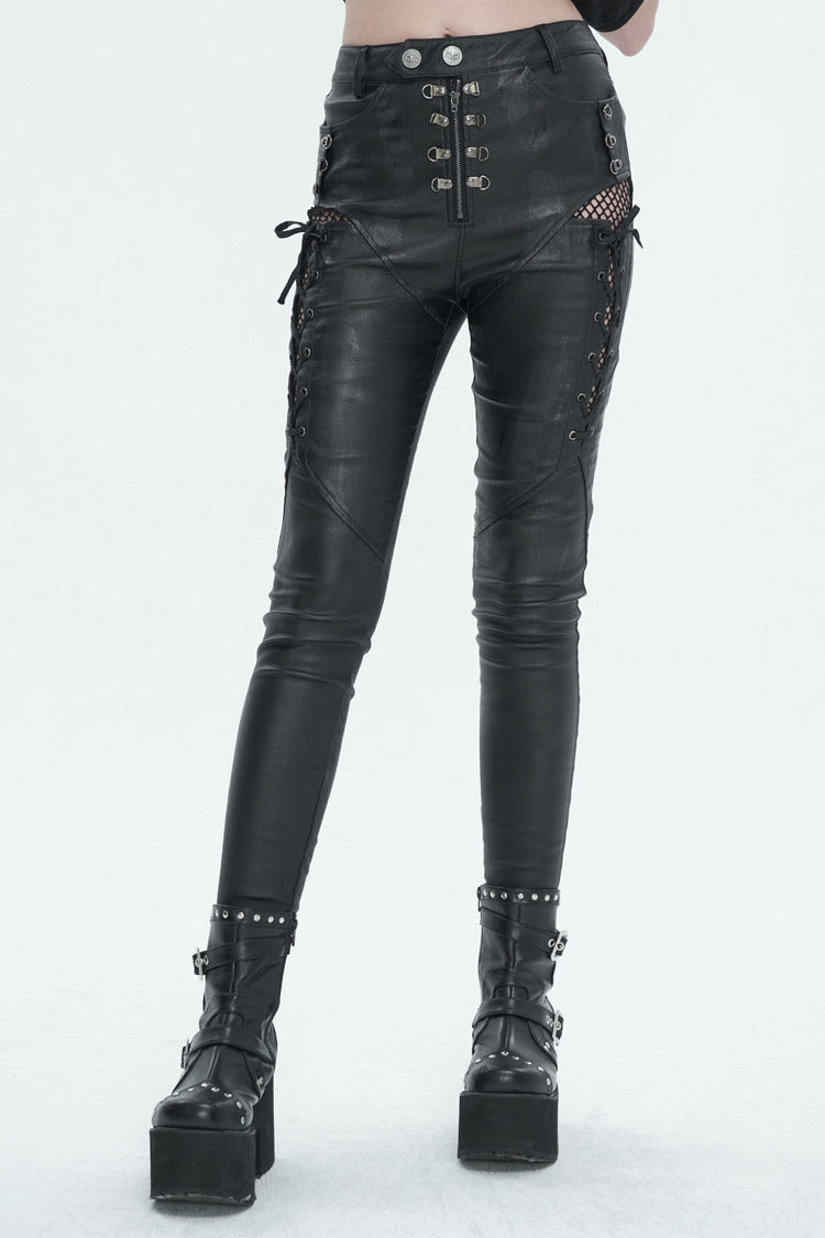 Black Stretch Faux Leather Paneled Mesh Women's Punk Trousers