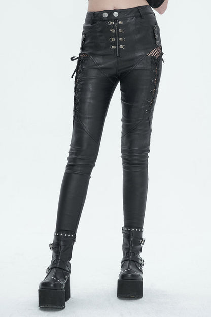 Black Stretch Faux Leather Paneled Mesh Women's Punk Trousers