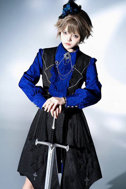 Black/Blue Courtly Knight-Style Long Sleeves Ruffle Embroidery Prince Ouji Lolita Set