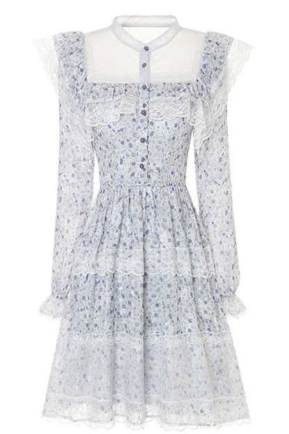 Blue Chiffon Stand Collar French Lace Floral Embroidered Trumpet Long Sleeves Ruffled Sweet Lolita OP Dress