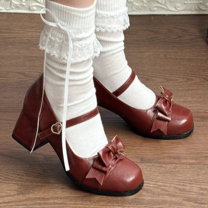 Bowknot Square Toe Sweet College Style Lolita High Heels Shoes 3 Colors