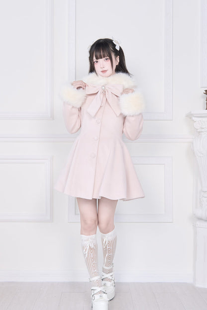 Pink Plush Collar Long Sleeves Bowknot Japanese Sweet Lolita Coat