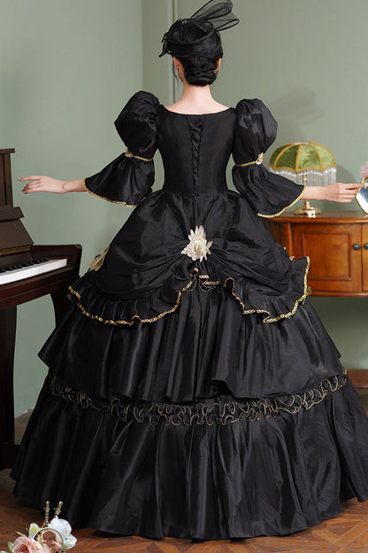 Black Square Collar Half Trumpet Sleeves Double-Layered Ruffled Open-Front Gothic Vintage Palace Lolita Victorian Dress