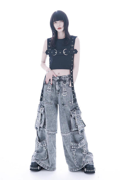 Jirai Kei Rivet Punk Japanese Straight-Leg Jeans Pants 2 Colors