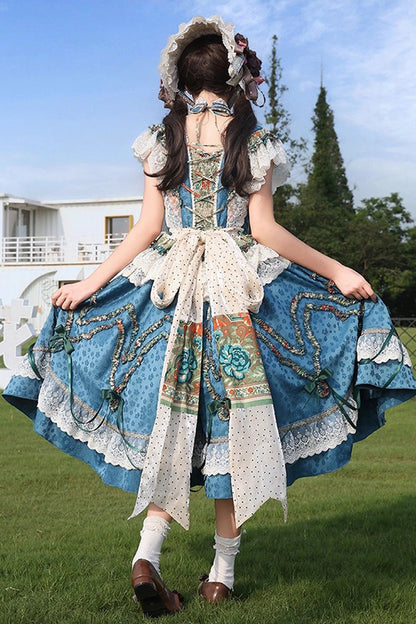 Blue [Lake Monet] Sleeveless High Waisted Print Ruffle Cardigan Bowknot Lace-Up Classic Vintage Elegant Princess Lolita Jsk Dress