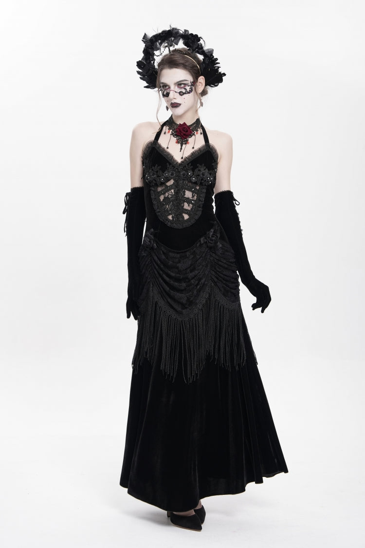 Black Sleeveless Hollow Floral Embroidery Lace-Up Pleated Women's Gothic Maxi Dress