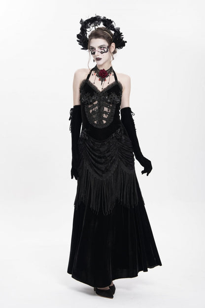 Black Sleeveless Hollow Floral Embroidery Lace-Up Pleated Women's Gothic Maxi Dress