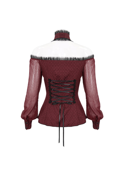 Red Lace Trim Panel Adjustable Back Long Sleeve Women's Gothic Shirt