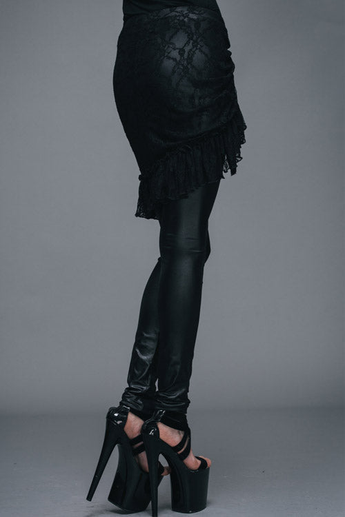 Black Rose Lace Mesh Outer Skirt Gothic Faux Leather Womens Pants